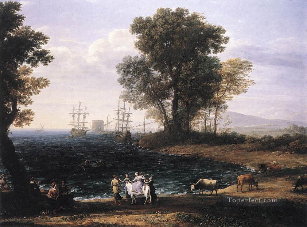レイプ オブ エウロパの風景のある海岸シーン クロード ロラン ビーチ油絵
